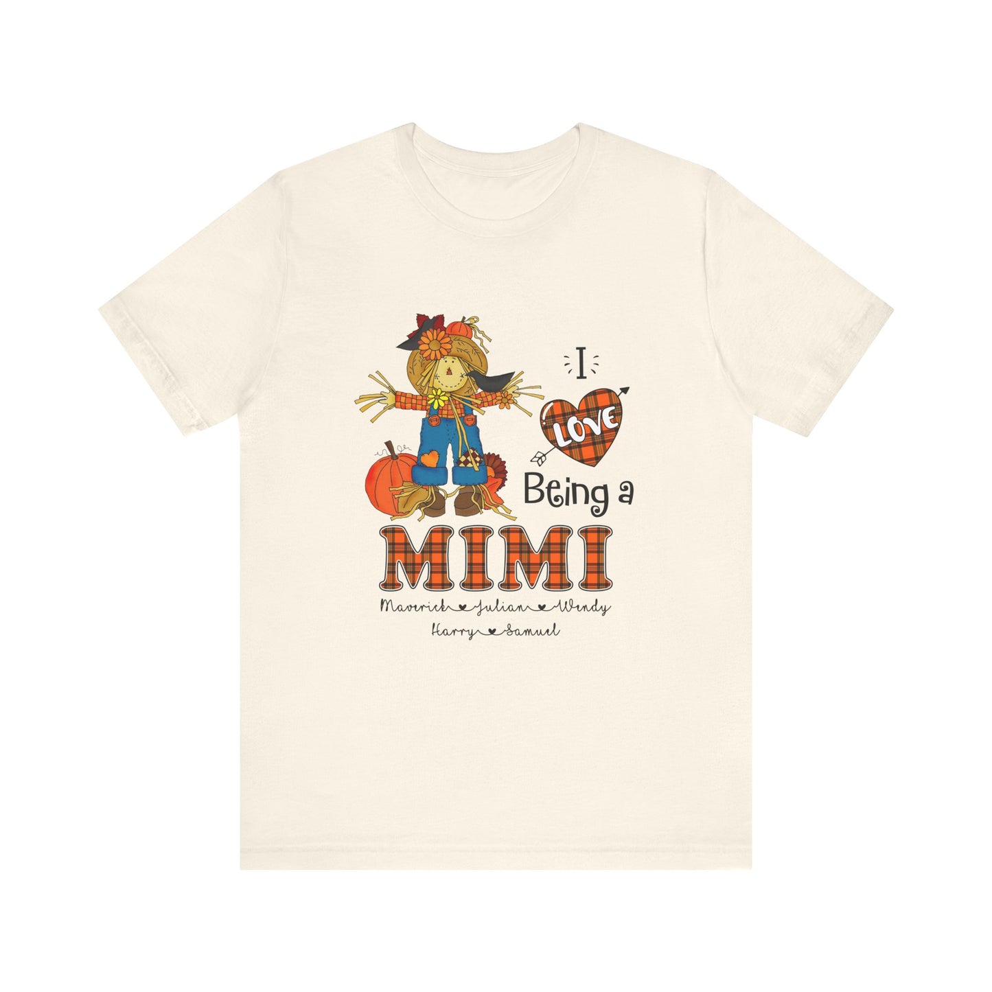 I Love Being a Grandma Tee, Mimi Personalised Kid's Name T-shirt - Custom Fall T-Shirt, Gift for Grandmothers, Family Gatherings, Autumn Celebrations, Scarecrow Design