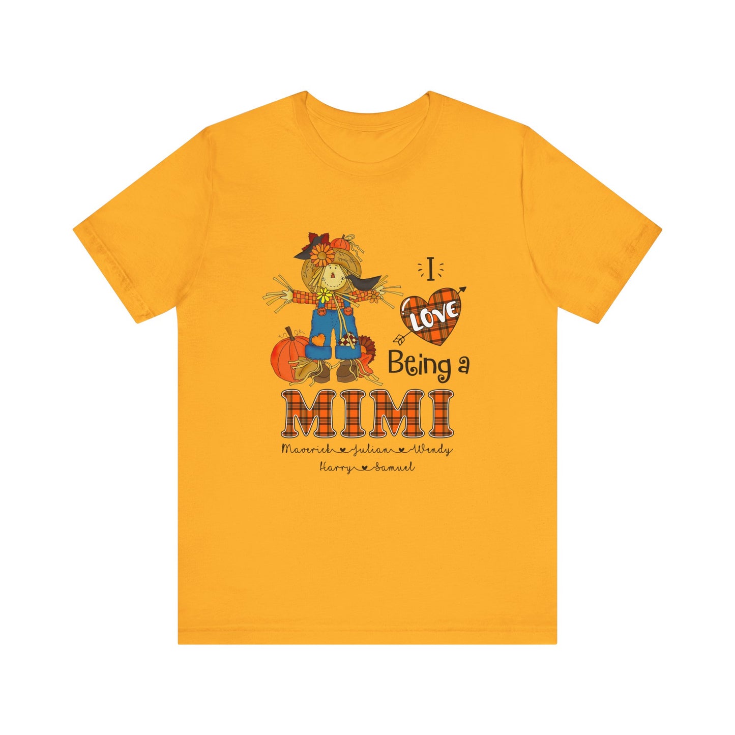 I Love Being a Grandma Tee, Mimi Personalised Kid's Name T-shirt - Custom Fall T-Shirt, Gift for Grandmothers, Family Gatherings, Autumn Celebrations, Scarecrow Design