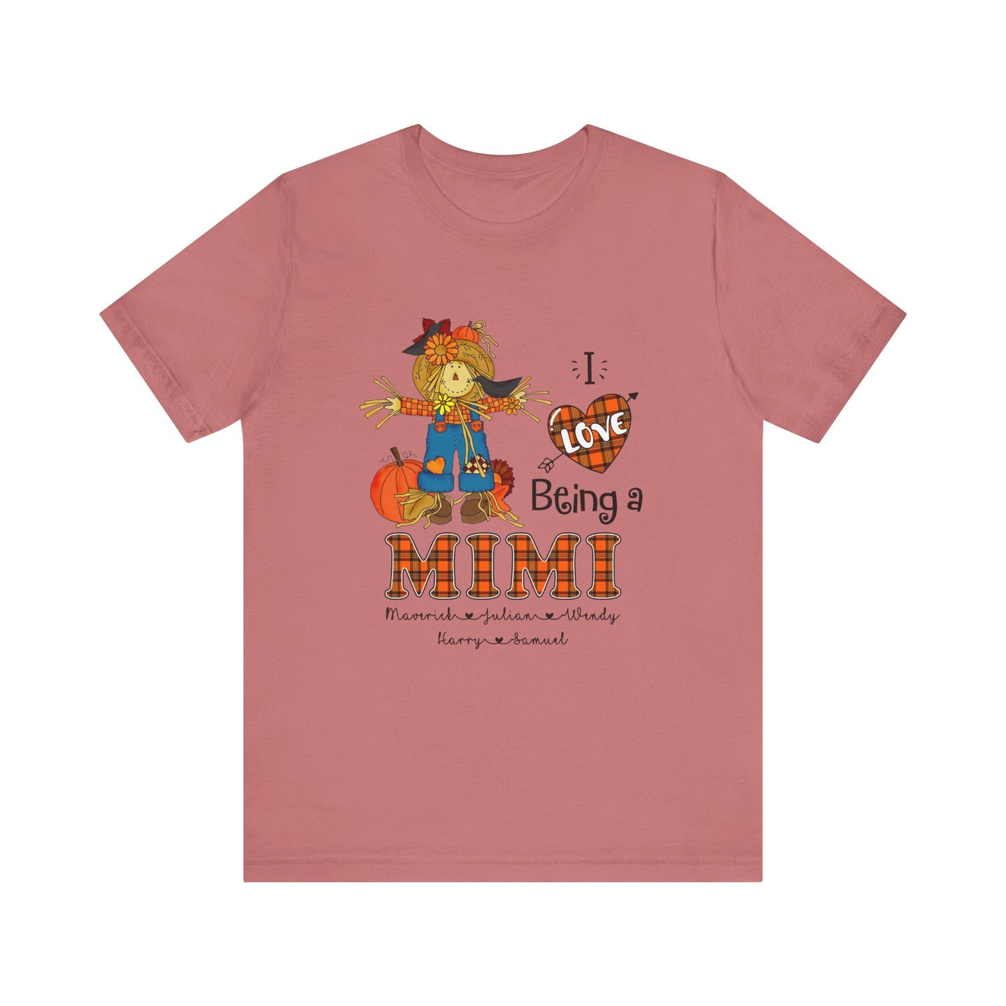 I Love Being a Grandma Tee, Mimi Personalised Kid's Name T-shirt - Custom Fall T-Shirt, Gift for Grandmothers, Family Gatherings, Autumn Celebrations, Scarecrow Design