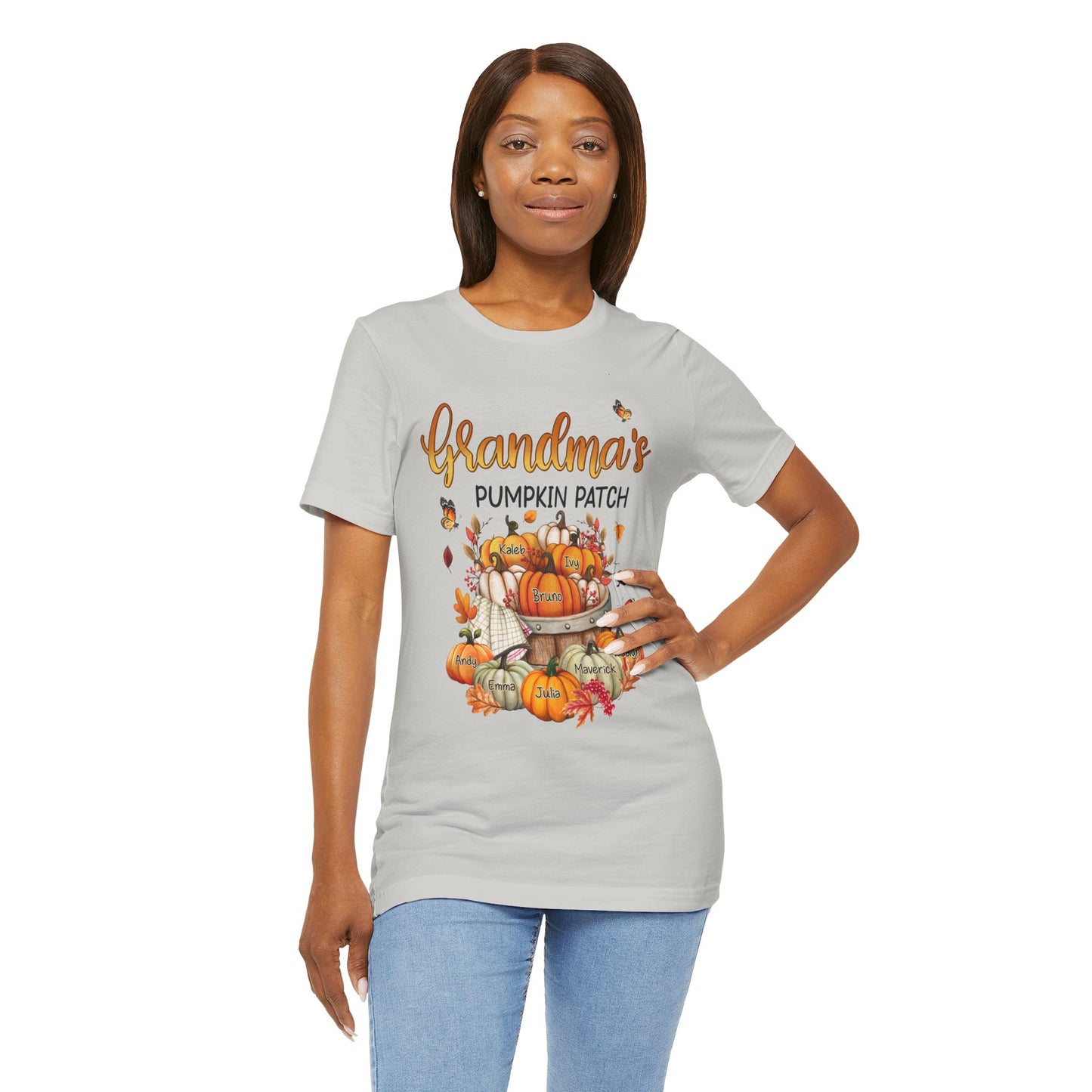 Grandma's Pumpkin Patch Tee, Customized Kid's Names Shirt, Fall T-Shirt, Autumn Apparel, Halloween Gift, Family Gathering Shirt, Harvest Celebration Wear