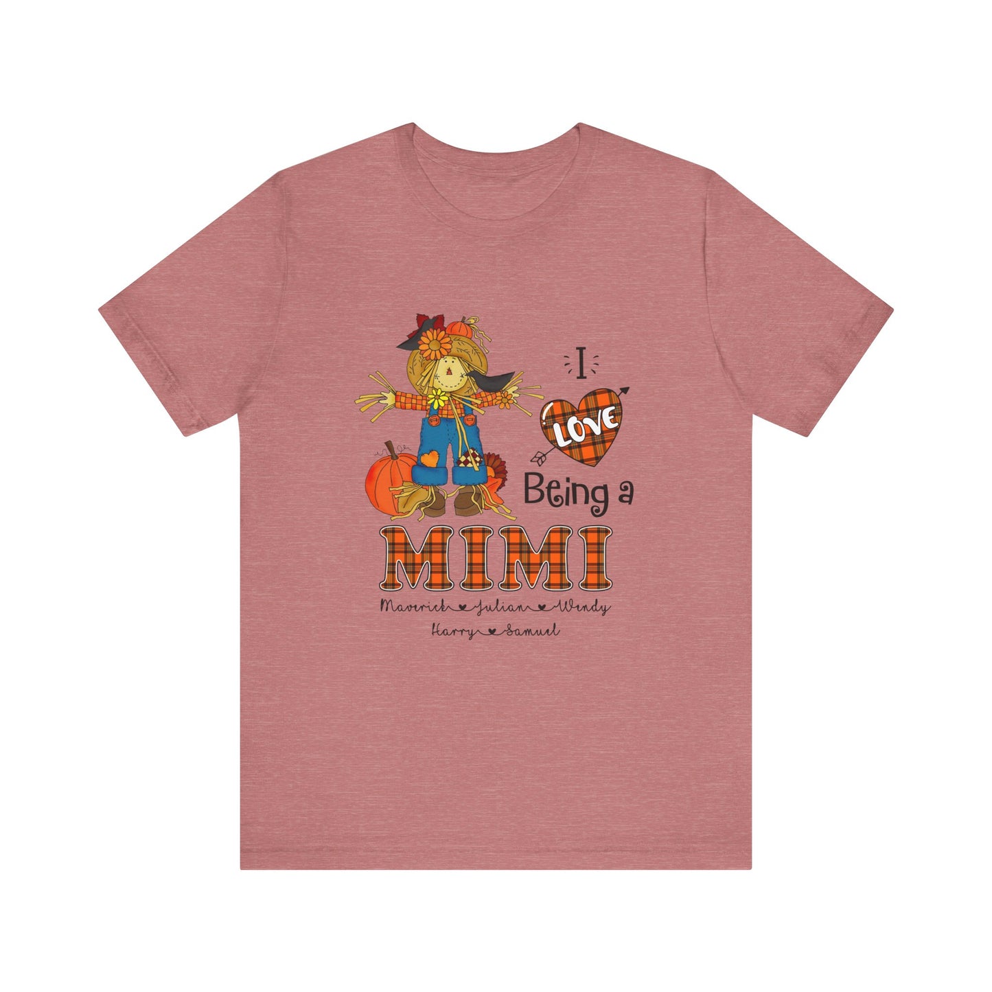 I Love Being a Grandma Tee, Mimi Personalised Kid's Name T-shirt - Custom Fall T-Shirt, Gift for Grandmothers, Family Gatherings, Autumn Celebrations, Scarecrow Design