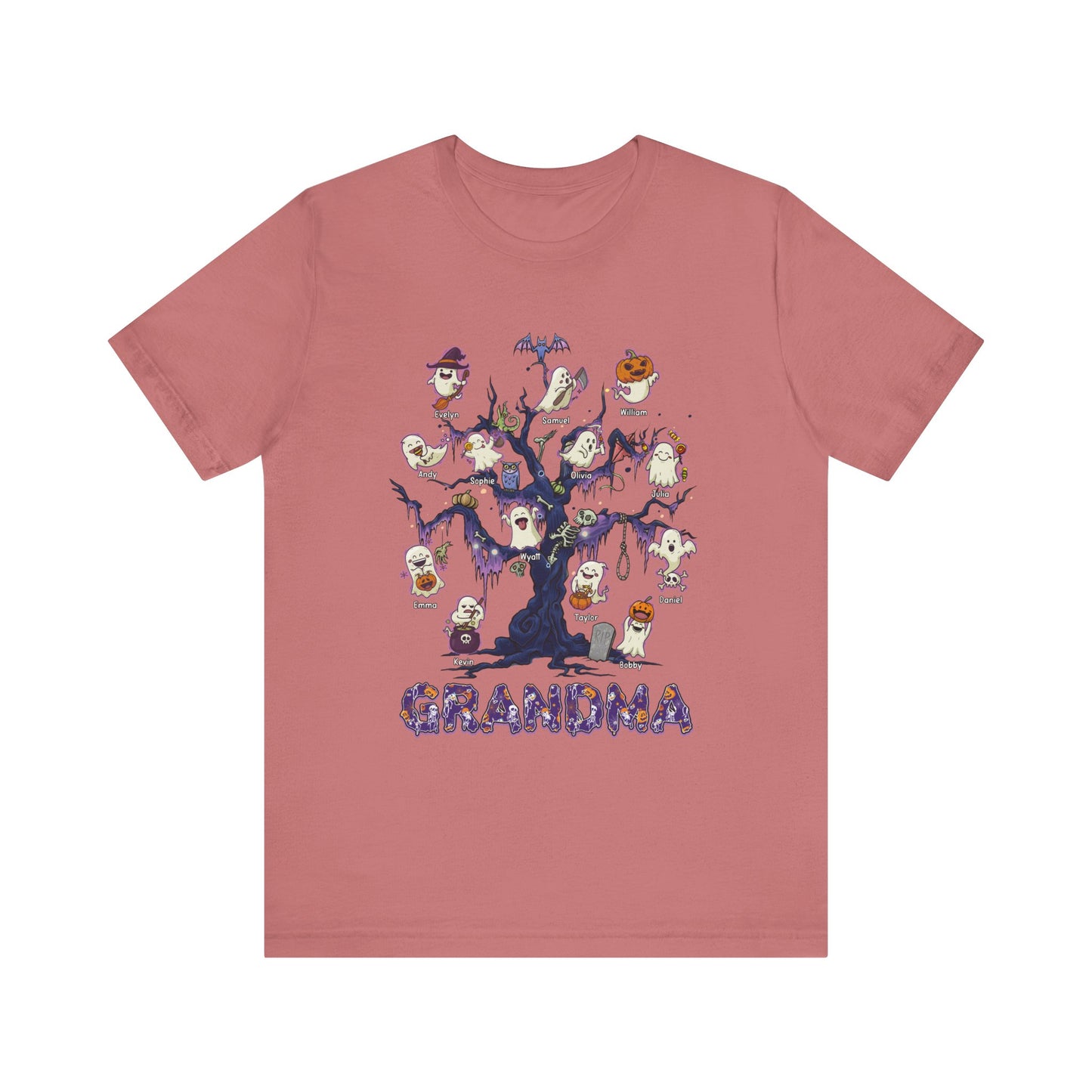 Halloween Boo Tree Custom T-shirt - Personalised Name Halloween Shirt, Gift for Grandma, Fun T-Shirt, Family Reunion Apparel