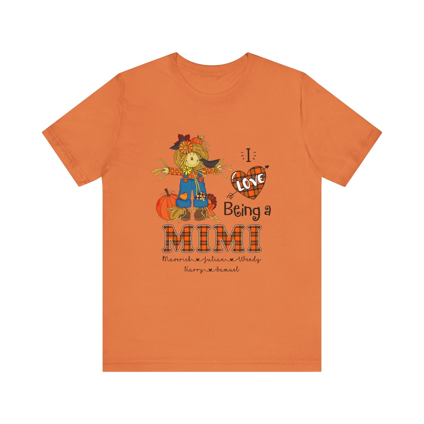 I Love Being a Grandma Tee, Mimi Personalised Kid's Name T-shirt - Custom Fall T-Shirt, Gift for Grandmothers, Family Gatherings, Autumn Celebrations, Scarecrow Design