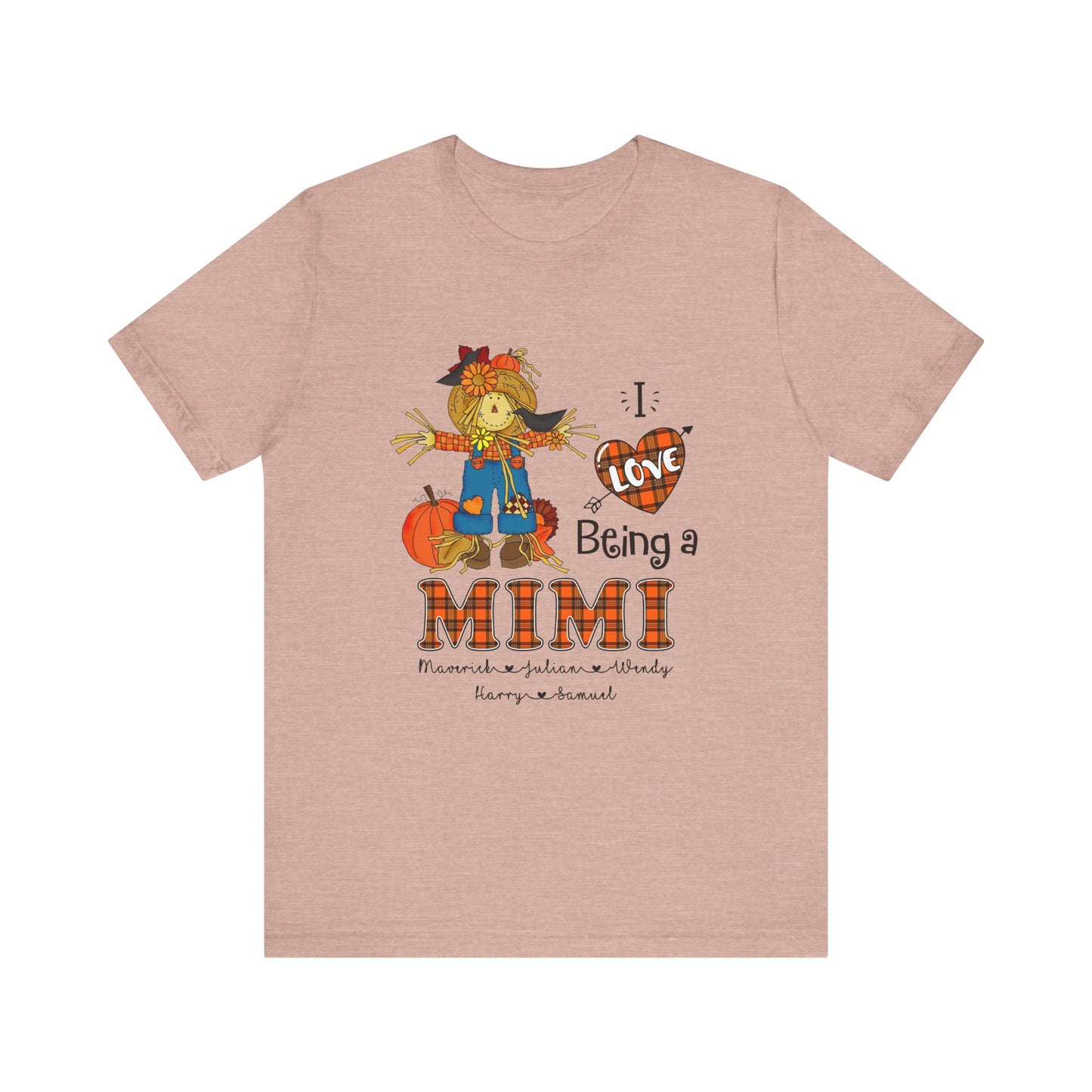 I Love Being a Grandma Tee, Mimi Personalised Kid's Name T-shirt - Custom Fall T-Shirt, Gift for Grandmothers, Family Gatherings, Autumn Celebrations, Scarecrow Design