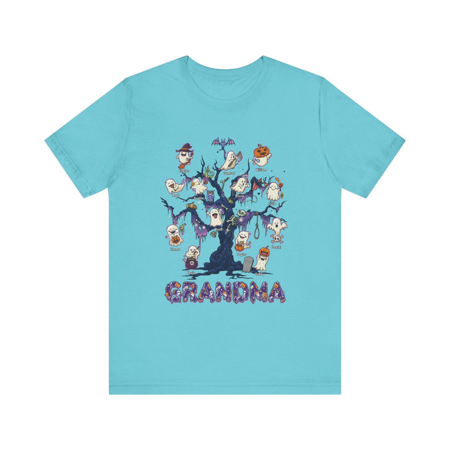 Halloween Boo Tree Custom T-shirt - Personalised Name Halloween Shirt, Gift for Grandma, Fun T-Shirt, Family Reunion Apparel