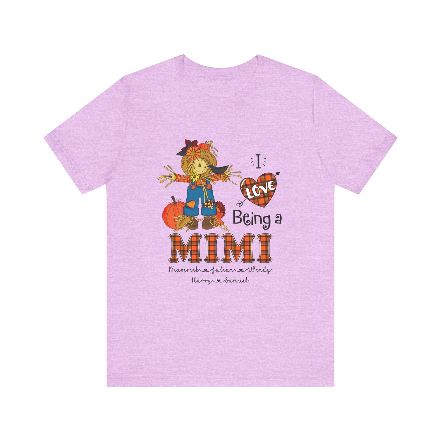 I Love Being a Grandma Tee, Mimi Personalised Kid's Name T-shirt - Custom Fall T-Shirt, Gift for Grandmothers, Family Gatherings, Autumn Celebrations, Scarecrow Design