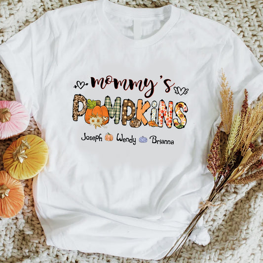 Mommy's Pumpkins Customized Kid's Name T-shirt | Fall Family Shirt, Thanksgiving Outfit, Gift for Mom & Grandma