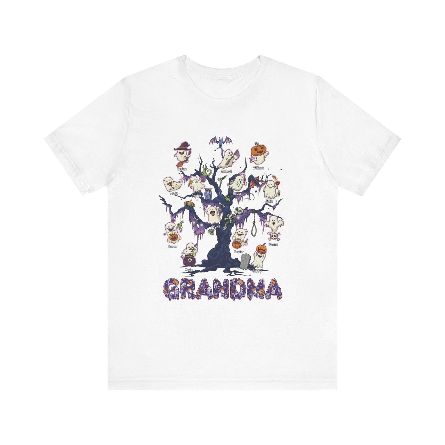 Halloween Boo Tree Custom T-shirt - Personalised Name Halloween Shirt, Gift for Grandma, Fun T-Shirt, Family Reunion Apparel
