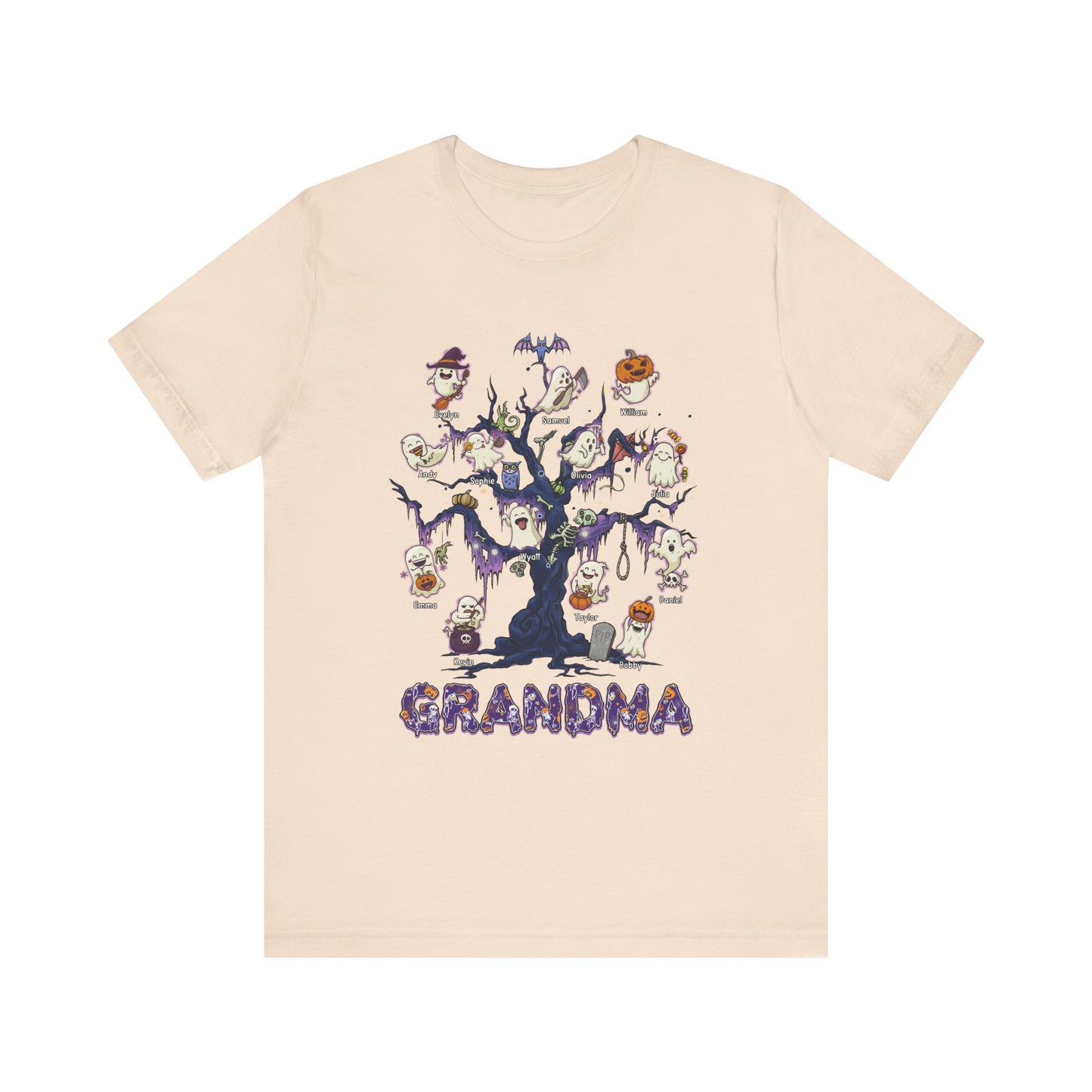 Halloween Boo Tree Custom T-shirt - Personalised Name Halloween Shirt, Gift for Grandma, Fun T-Shirt, Family Reunion Apparel