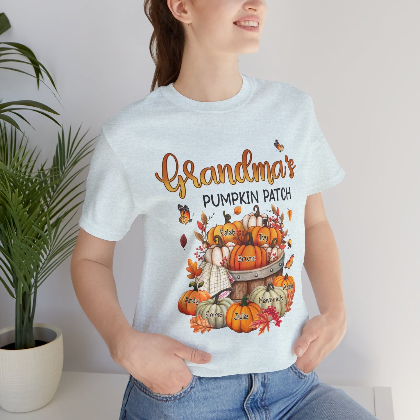Grandma's Pumpkin Patch Tee, Customized Kid's Names Shirt, Fall T-Shirt, Autumn Apparel, Halloween Gift, Family Gathering Shirt, Harvest Celebration Wear