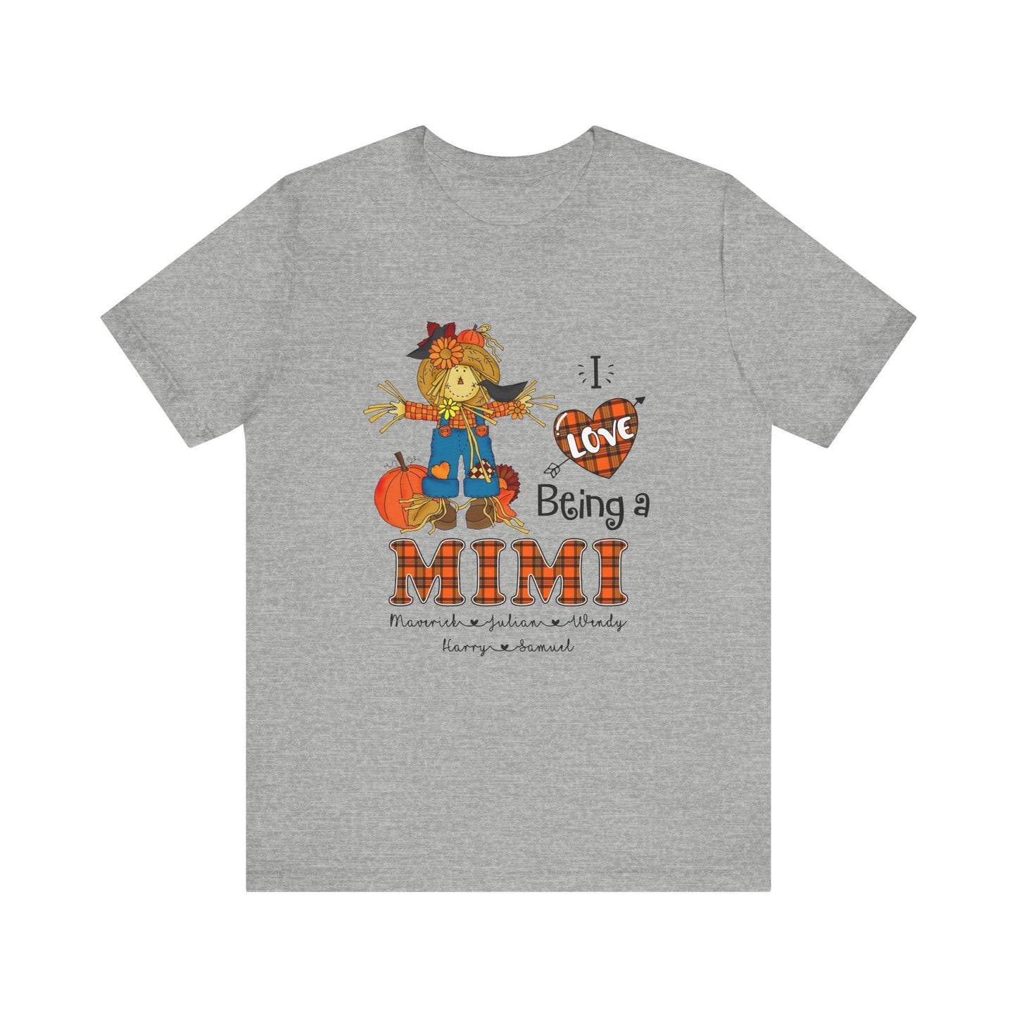 I Love Being a Grandma Tee, Mimi Personalised Kid's Name T-shirt - Custom Fall T-Shirt, Gift for Grandmothers, Family Gatherings, Autumn Celebrations, Scarecrow Design