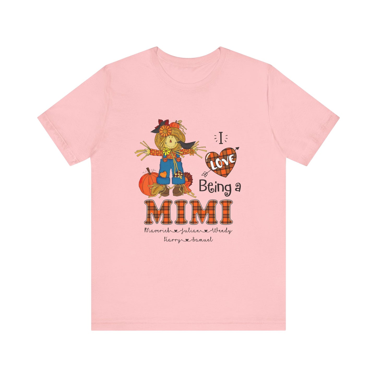 I Love Being a Grandma Tee, Mimi Personalised Kid's Name T-shirt - Custom Fall T-Shirt, Gift for Grandmothers, Family Gatherings, Autumn Celebrations, Scarecrow Design