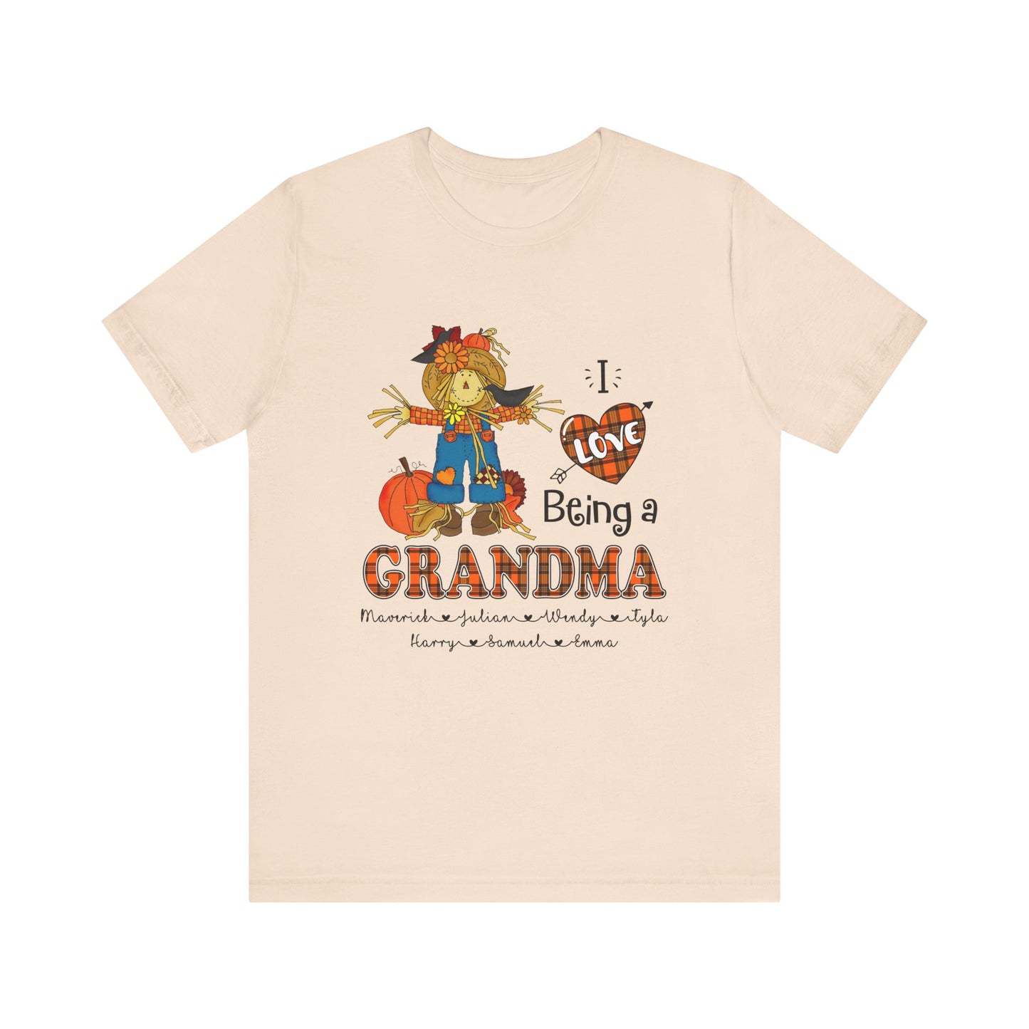 I Love Being a Grandma Tee, Mimi Personalised Kid's Name T-shirt - Custom Fall T-Shirt, Gift for Grandmothers, Family Gatherings, Autumn Celebrations, Scarecrow Design