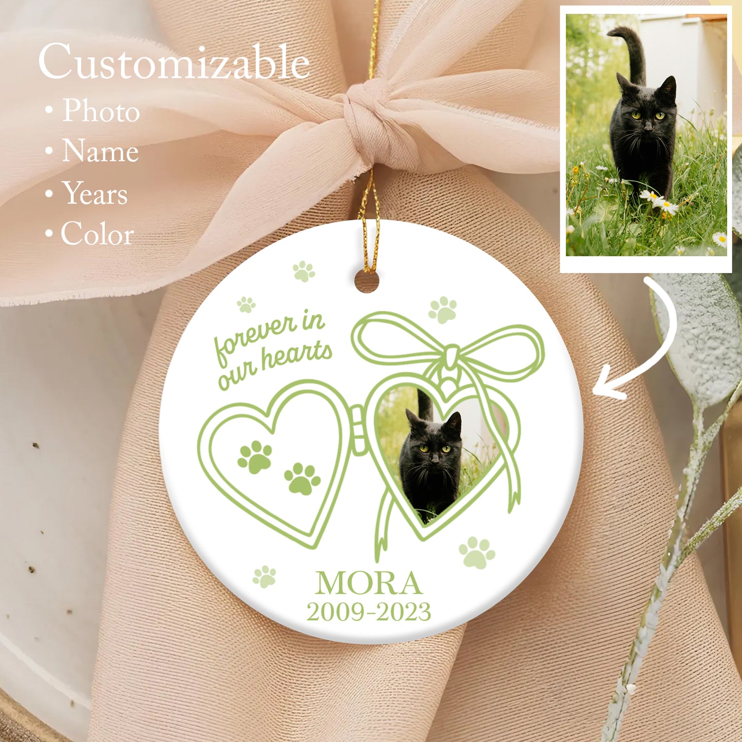 Personalized Pet Memorial Ornament | Forever in Our Hearts Keepsake | Holiday Gift | Custom Cat/Dog Ornament | Remembrance Decoration