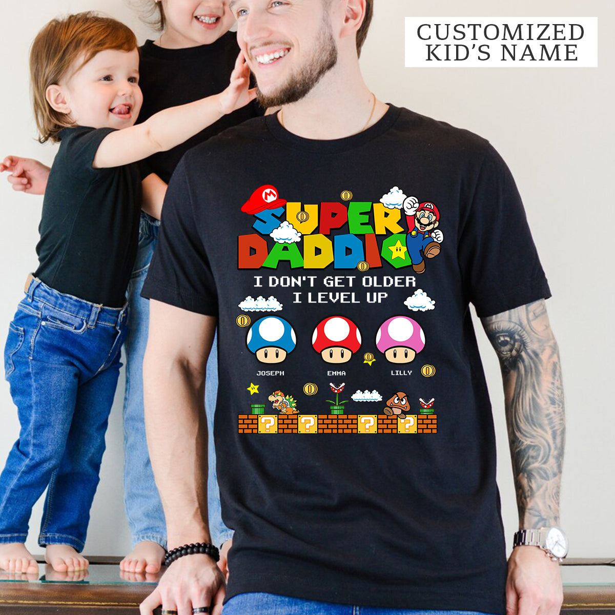 Super Daddio, Pappio Personalised Kid's Name T-Shirt, Funny Dad T-Shirt, Gift for Dad & Grandpa