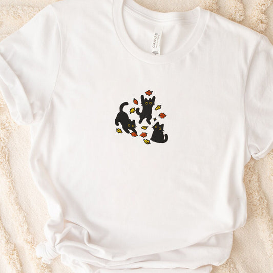 Black Cats and Fall Leaves, Embroidered Autumn Cat T-shirt, Cute Fall T-shirt, Cozy Cat Lover Gift, Autumn Aesthetic