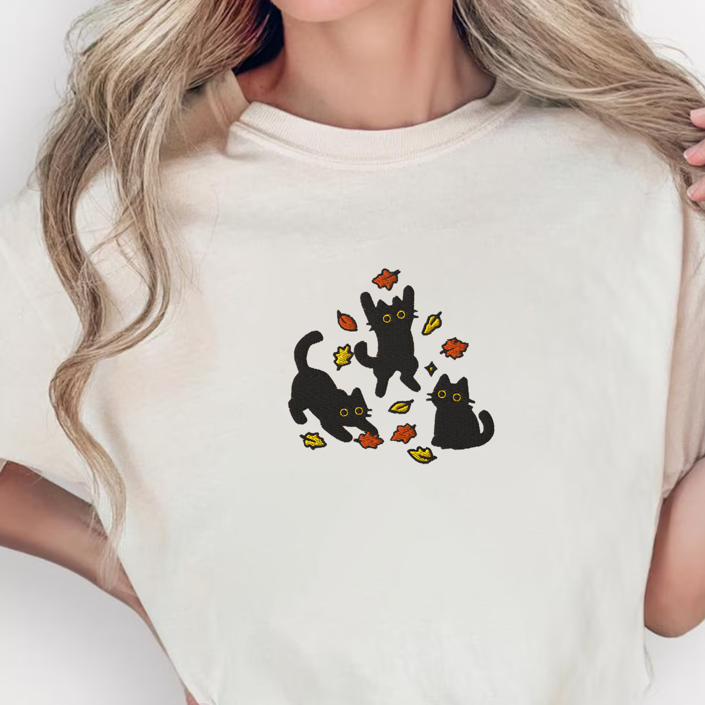 Black Cats and Fall Leaves, Embroidered Autumn Cat T-shirt, Cute Fall T-shirt, Cozy Cat Lover Gift, Autumn Aesthetic