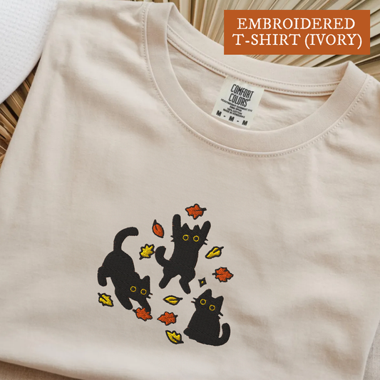 Black Cats and Fall Leaves, Embroidered Autumn Cat T-shirt, Cute Fall Shirt, Cozy Cat Lover Gift, Autumn Aesthetic