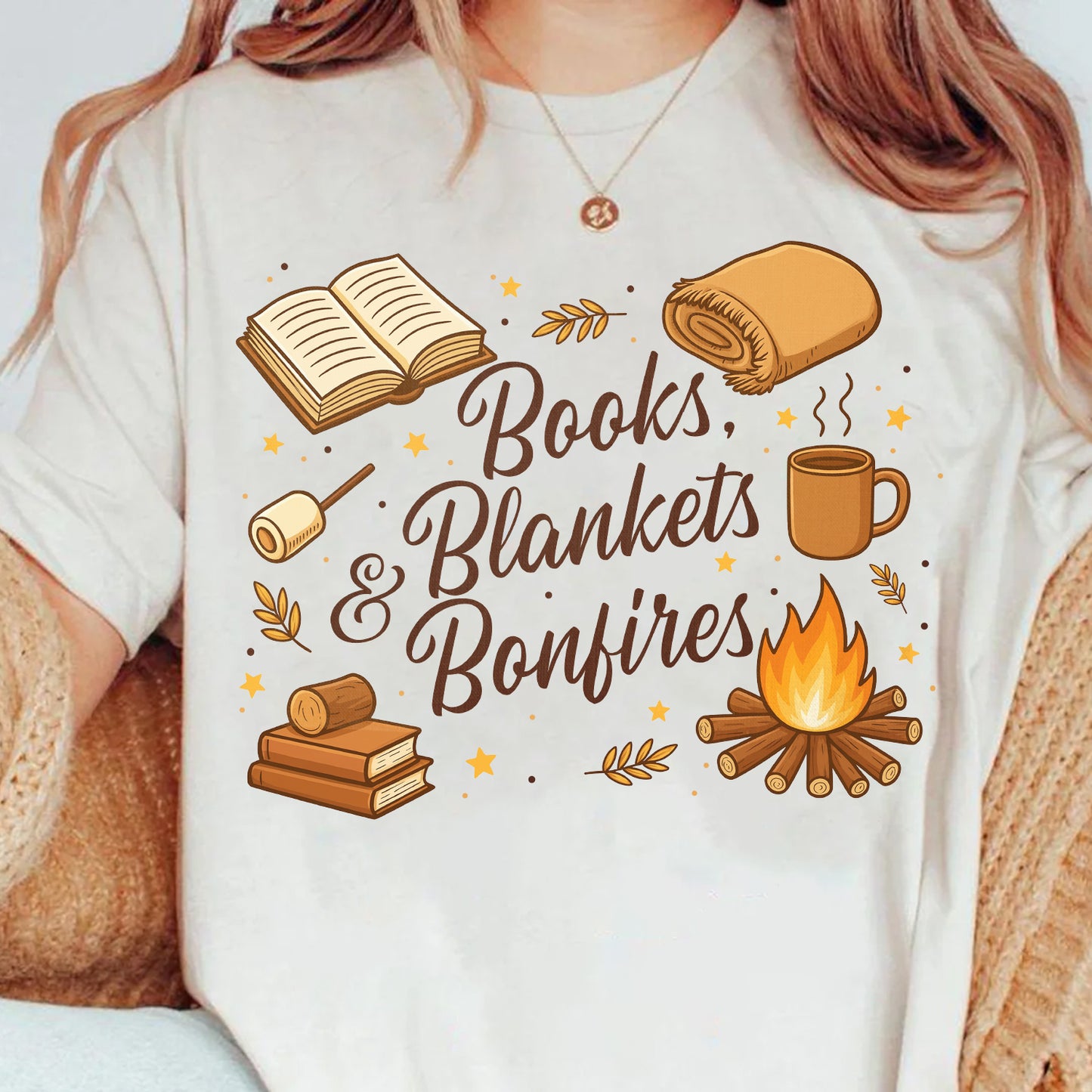 Books, Blankets & Bonfires Cozy Season Classic Tee, Autumn Vibe Casual Wear