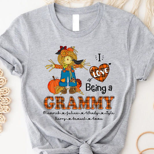 I Love Being a Grandma Tee, Mimi Personalised Kid's Name T-shirt - Custom Fall T-Shirt, Gift for Grandmothers, Family Gatherings, Autumn Celebrations, Scarecrow Design