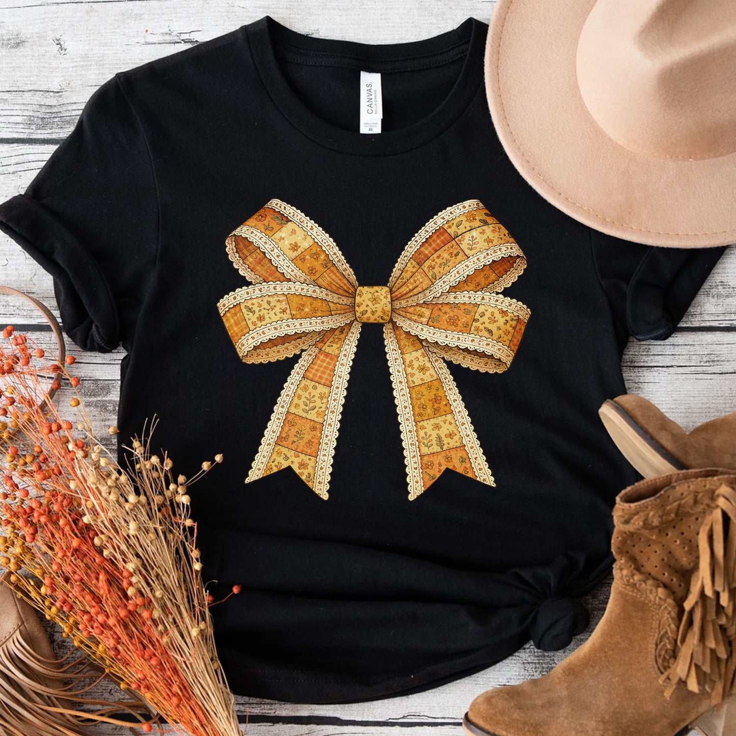 Autumn Patch Work Bow Bibbon Classic T-shirt, Fall Vibe Cozy Season Tee