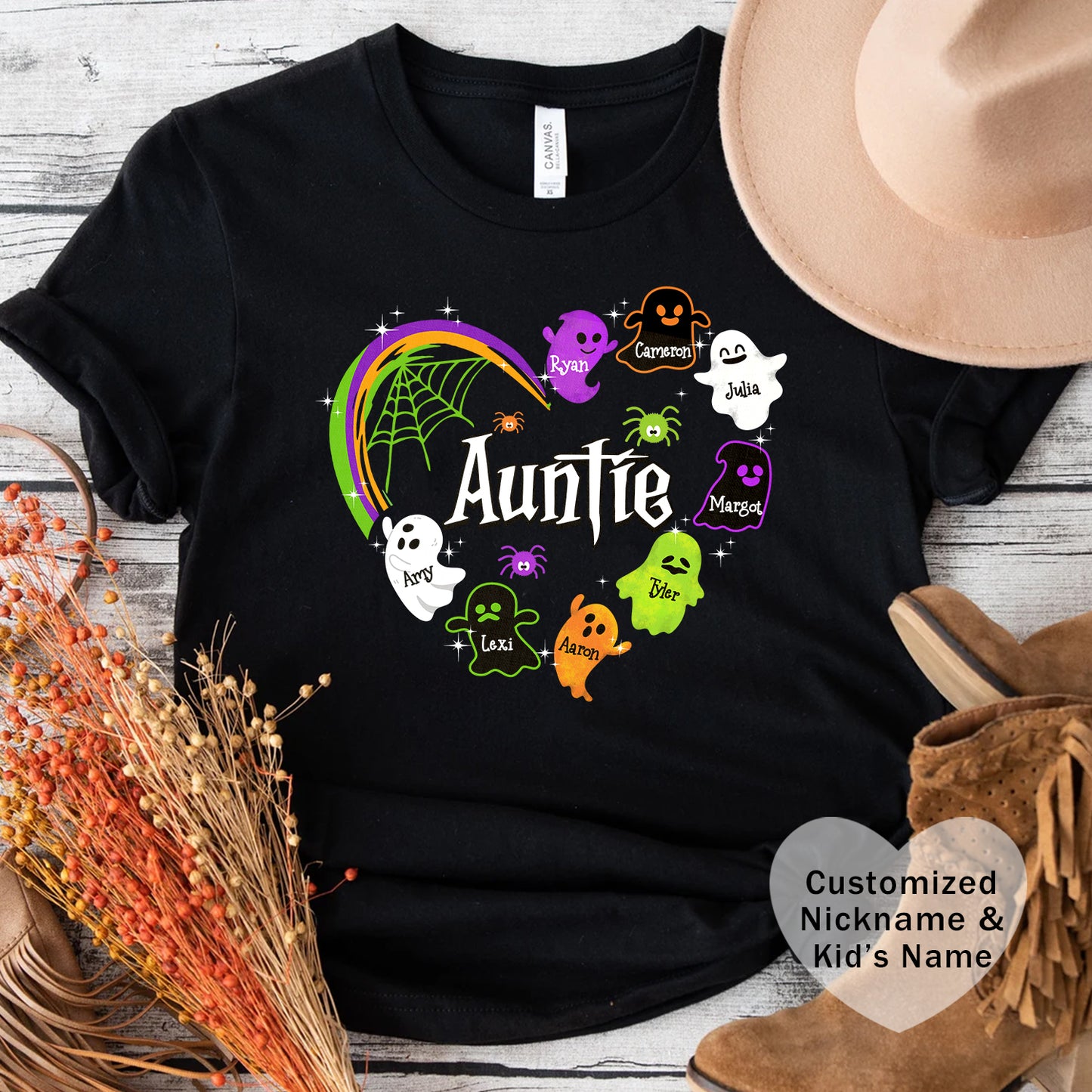 Halloween Custom T-shirt for Mom, Aunt, Grandma, Cute Ghost Personalised Kid's Name T-Shirt, Spooky Vibes, Perfect for Halloween Celebrations, Gift for Aunts, Casual Wear
