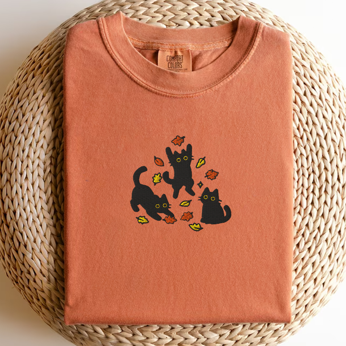 Black Cats and Fall Leaves, Embroidered Autumn Cat T-shirt, Cute Fall Shirt, Cozy Cat Lover Gift, Autumn Aesthetic