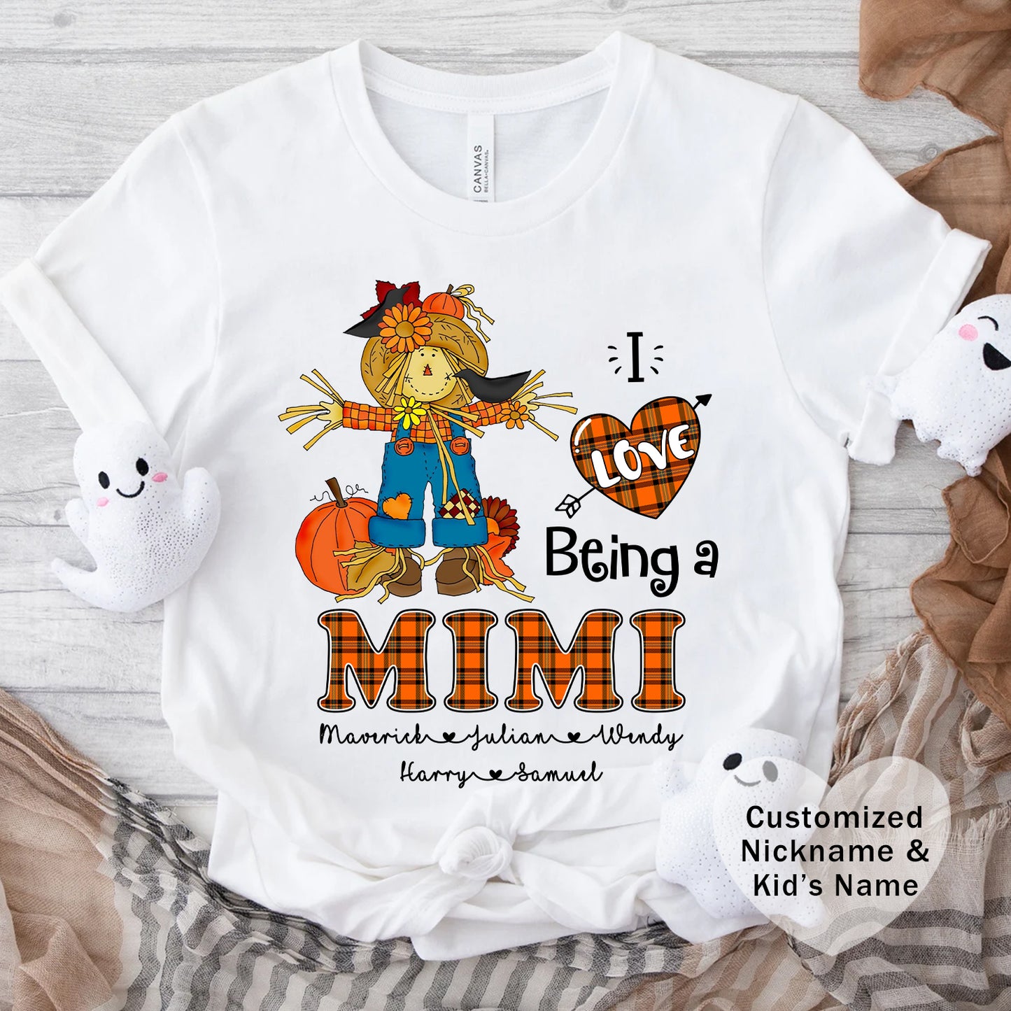 I Love Being a Grandma Tee, Mimi Personalised Kid's Name T-shirt - Custom Fall T-Shirt, Gift for Grandmothers, Family Gatherings, Autumn Celebrations, Scarecrow Design