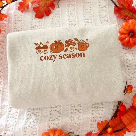 Autumn Cozy Season Hoodie, Embroidered Fall Hoodie with Pumpkin Spice, Cozy Autumn Crewneck for Thanksgiving, Cute Cottagecore Gift for Her, Trend Fall Gift