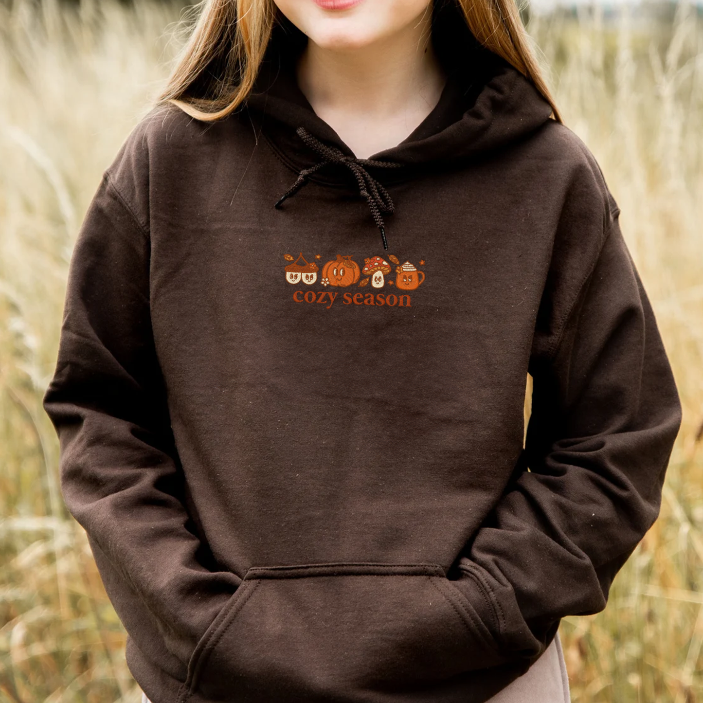 Autumn Cozy Season Hoodie, Embroidered Fall Hoodie with Pumpkin Spice, Cozy Autumn Crewneck for Thanksgiving, Cute Cottagecore Gift for Her, Trend Fall Gift