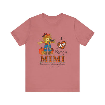 I Love Being a Grandma Tee, Mimi Personalised Kid's Name T-shirt - Custom Fall T-Shirt, Gift for Grandmothers, Family Gatherings, Autumn Celebrations, Scarecrow Design