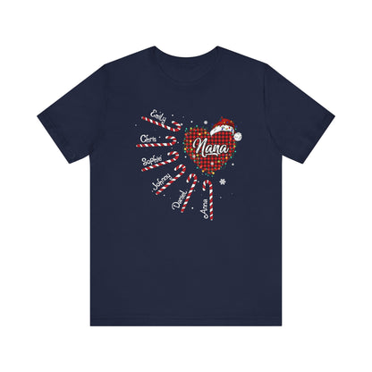 Nana Candy Cane Heart Christmas Tee – Personalized Grandma Holiday Shirt