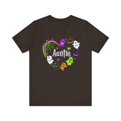 Halloween Custom T-shirt for Mom, Aunt, Grandma, Cute Ghost Personalised Kid's Name T-Shirt, Spooky Vibes, Perfect for Halloween Celebrations, Gift for Aunts, Casual Wear
