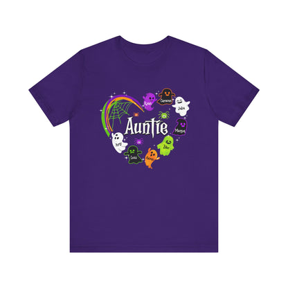 Halloween Custom T-shirt for Mom, Aunt, Grandma, Cute Ghost Personalised Kid's Name T-Shirt, Spooky Vibes, Perfect for Halloween Celebrations, Gift for Aunts, Casual Wear