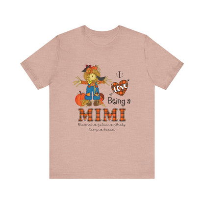 I Love Being a Grandma Tee, Mimi Personalised Kid's Name T-shirt - Custom Fall T-Shirt, Gift for Grandmothers, Family Gatherings, Autumn Celebrations, Scarecrow Design