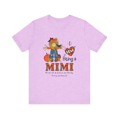 I Love Being a Grandma Tee, Mimi Personalised Kid's Name T-shirt - Custom Fall T-Shirt, Gift for Grandmothers, Family Gatherings, Autumn Celebrations, Scarecrow Design