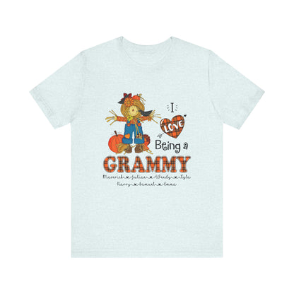I Love Being a Grandma Tee, Mimi Personalised Kid's Name T-shirt - Custom Fall T-Shirt, Gift for Grandmothers, Family Gatherings, Autumn Celebrations, Scarecrow Design