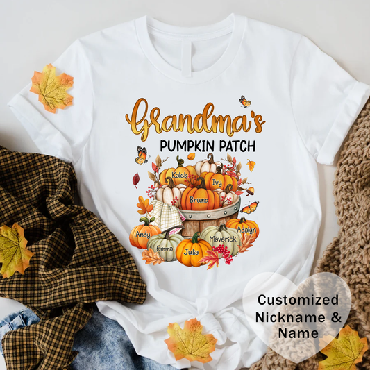 Grandma's Pumpkin Patch Tee, Customized Kid's Names Shirt, Fall T-Shirt, Autumn Apparel, Halloween Gift, Family Gathering Shirt, Harvest Celebration Wear