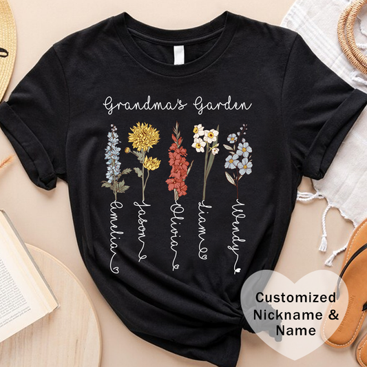 Grandma's Garden Floral Personalized Name Tee, Customized Gift for Mom & Grandma, Mother's Day Gift