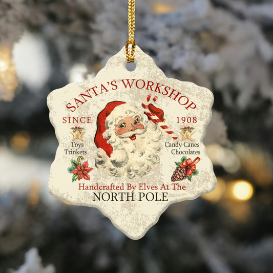 Ceramic Holiday Ornaments, Vintage Santa Collection, Christmas Tree Decor, Holiday Gift Ideas,  Santa's Workshop Handcrafted by Elves at the North Pole
