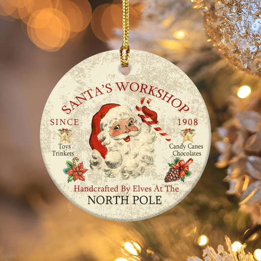 Ceramic Holiday Ornaments, Vintage Santa Collection, Christmas Tree Decor, Holiday Gift Ideas,  Santa's Workshop Handcrafted by Elves at the North Pole