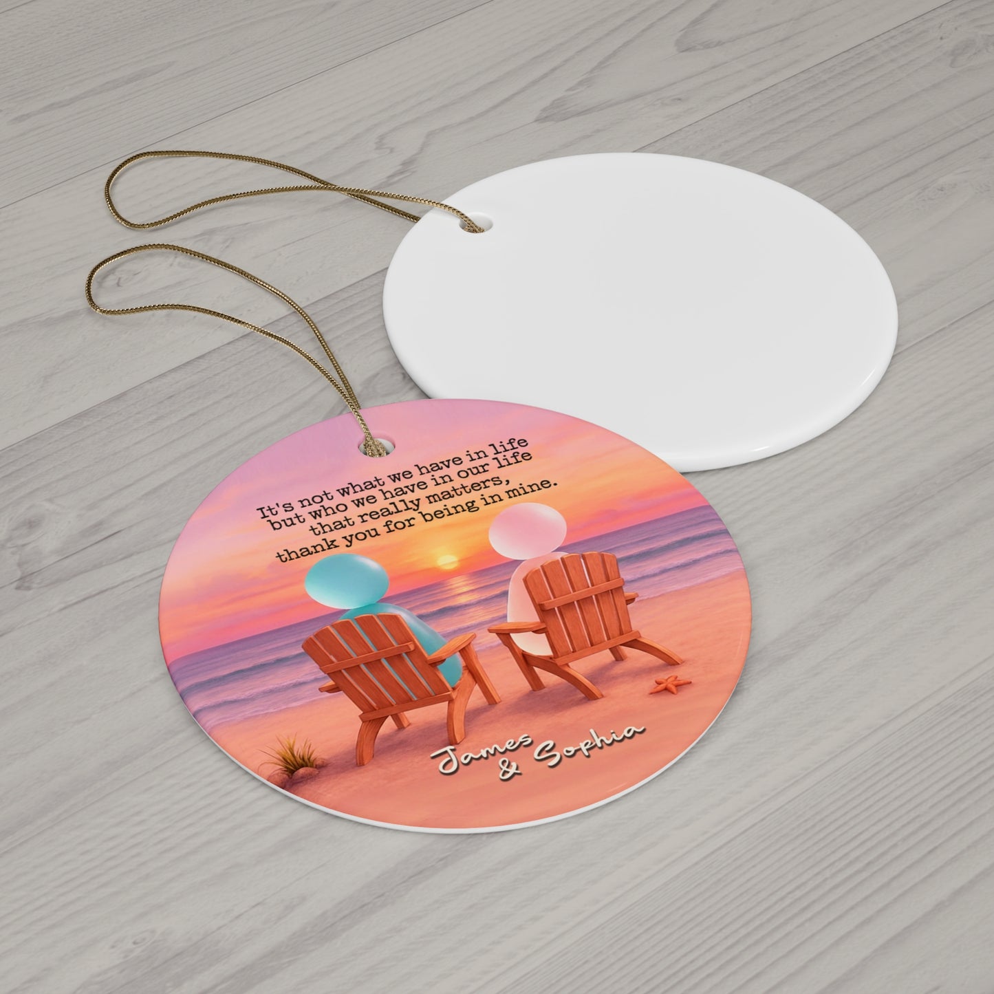 Personalized Sunset Sea Glass Couple Ceramic Ornament, Custom Christmas Ornament for Couple