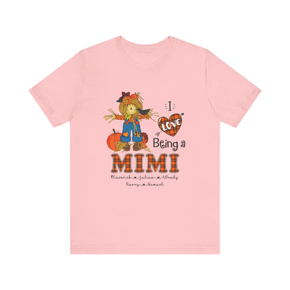 I Love Being a Grandma Tee, Mimi Personalised Kid's Name T-shirt - Custom Fall T-Shirt, Gift for Grandmothers, Family Gatherings, Autumn Celebrations, Scarecrow Design