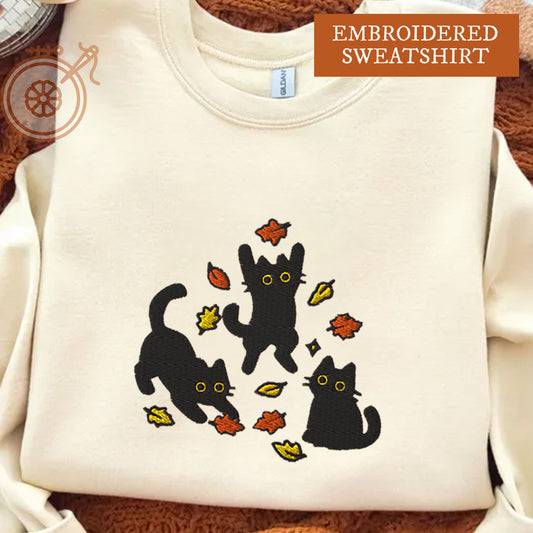 Black Cats and Fall Leaves, Embroidered Autumn Cat Sweatshirt, Cute Fall Sweatshirt, Cozy Cat Lover Gift, Autumn Aesthetic