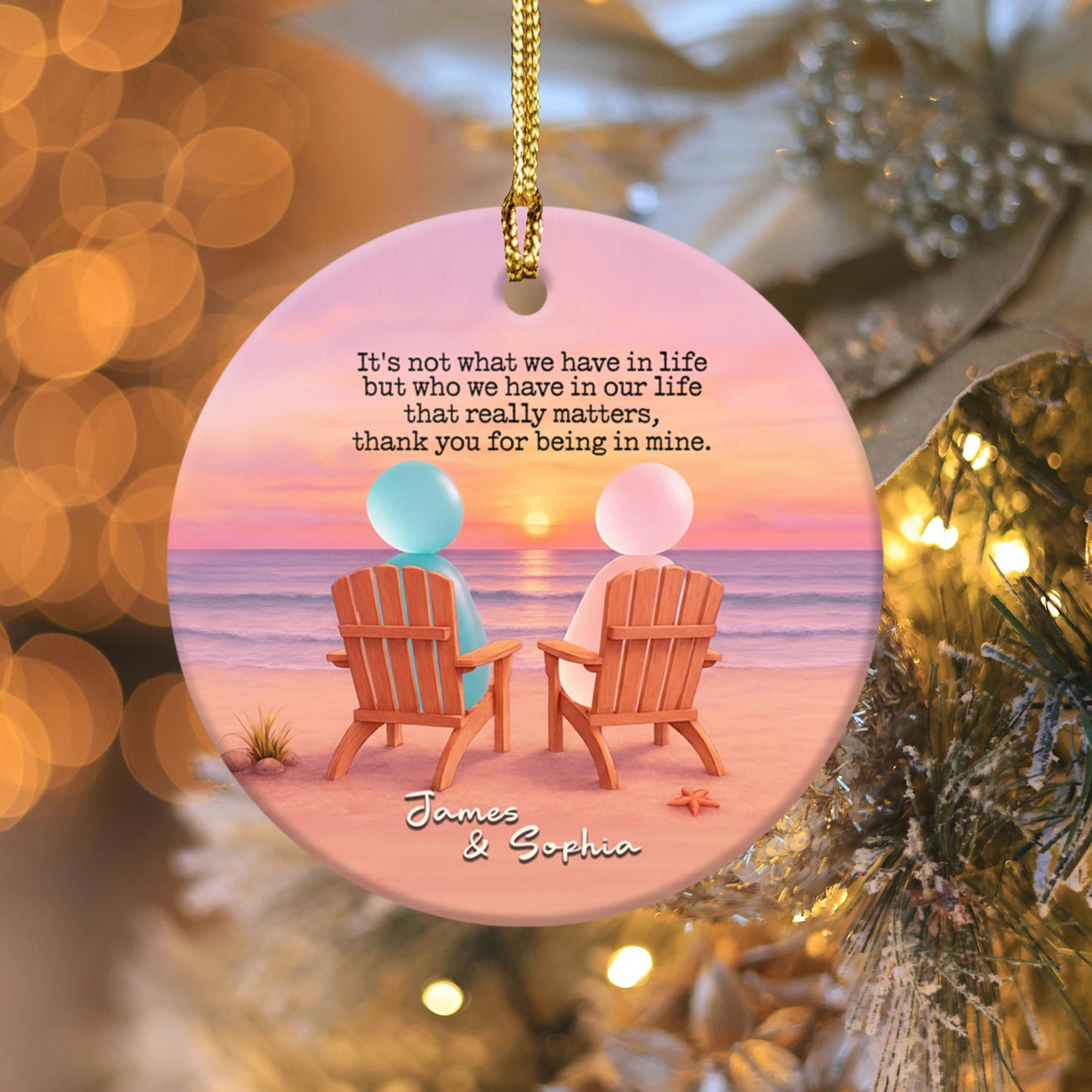 Personalized Sunset Sea Glass Couple Ceramic Ornament, Custom Christmas Ornament for Couple