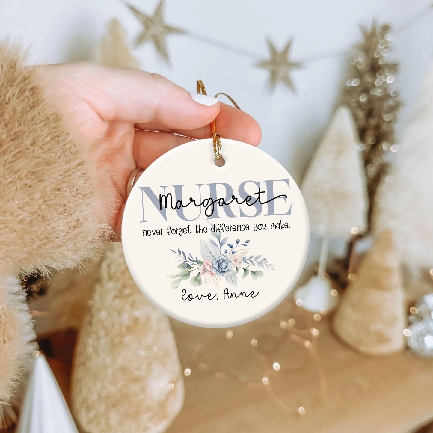 Never Forget The Difference You Made Custom Name Nurse Ceramic Ornament - Star Shape Ornament with Floral Design