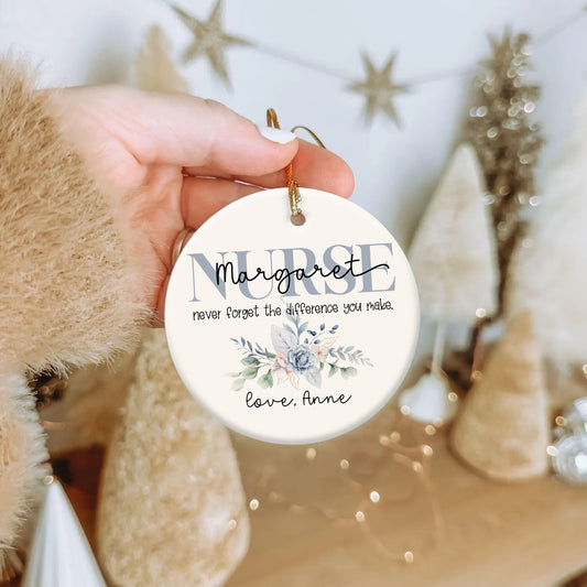 Never Forget The Difference You Made Custom Name Nurse Ceramic Ornament - Star Shape Ornament with Floral Design
