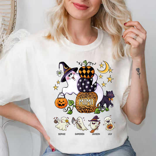 Mimi Boo Halloween Theme Custom Kid's Name Tee, Spooky Ghosts Shirt, Personalised Grandma Shirt