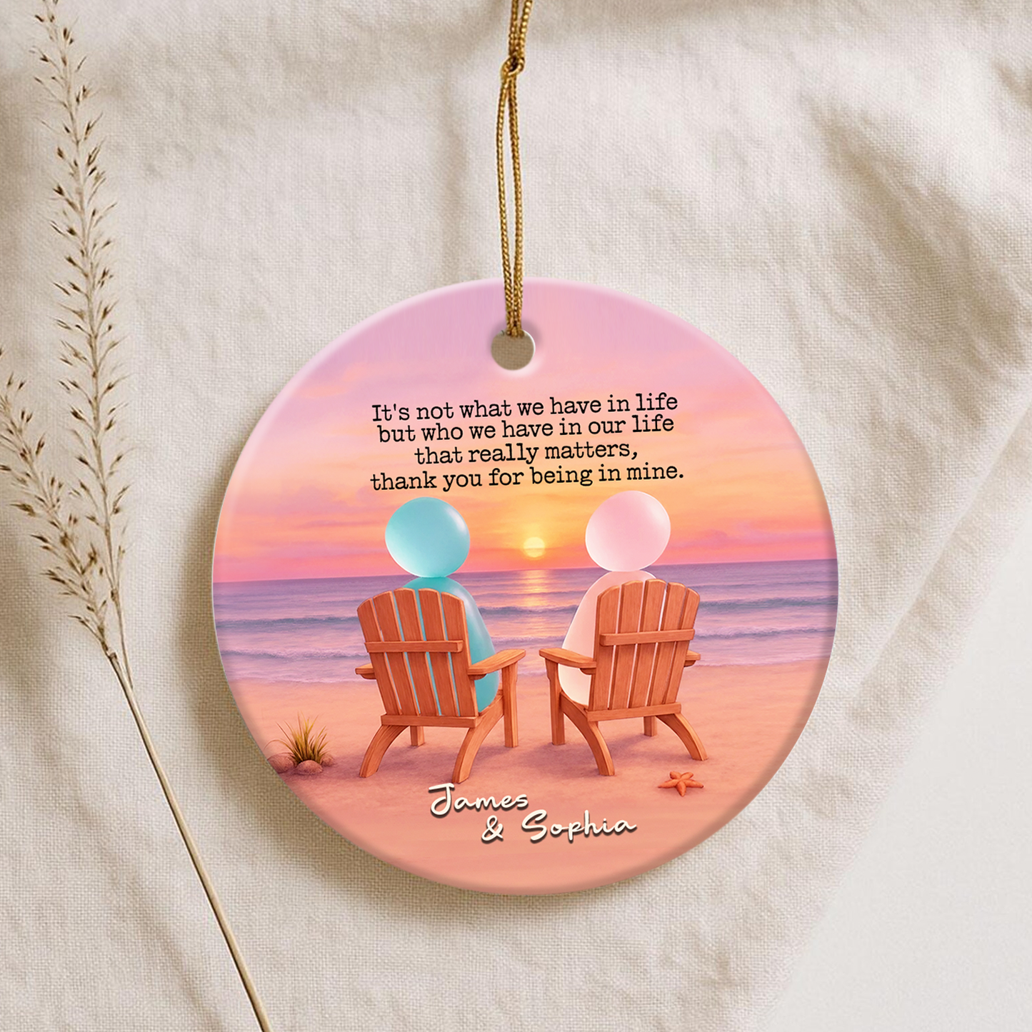 Personalized Sunset Sea Glass Couple Ceramic Ornament, Custom Christmas Ornament for Couple