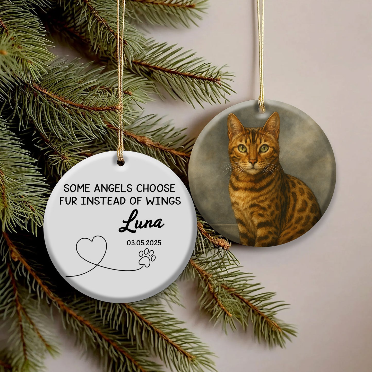 Cat Memorial Ceramic Ornament - 2 Sides, "Some Angels Choose Fur Instead of Wings" Custom Pet's Photo & Name